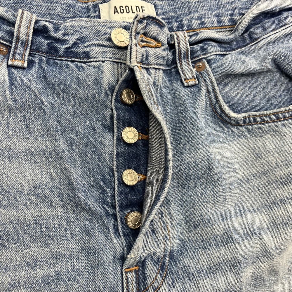 AGOLDE High Rise Light Wash Denim Cut Off Bermuda Shorts Blue 28 Button Fly - Picture 5 of 8